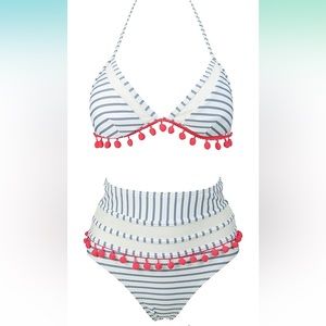 Cocoship Mesh Striped High Waist Bikini Set Pom Pom Tassel Swimsuit